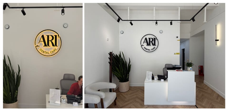 A collage of the interior ARI Dental Care wall signage by the reception area lit up and not lit up.